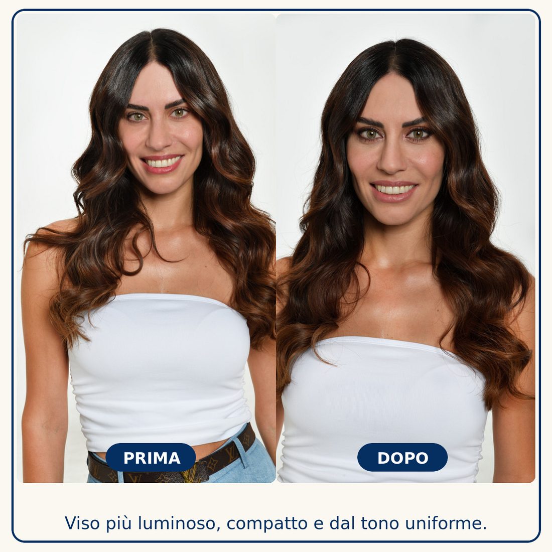 Prima e dopo: Viso più luminoso, compatto e dal tono uniforme