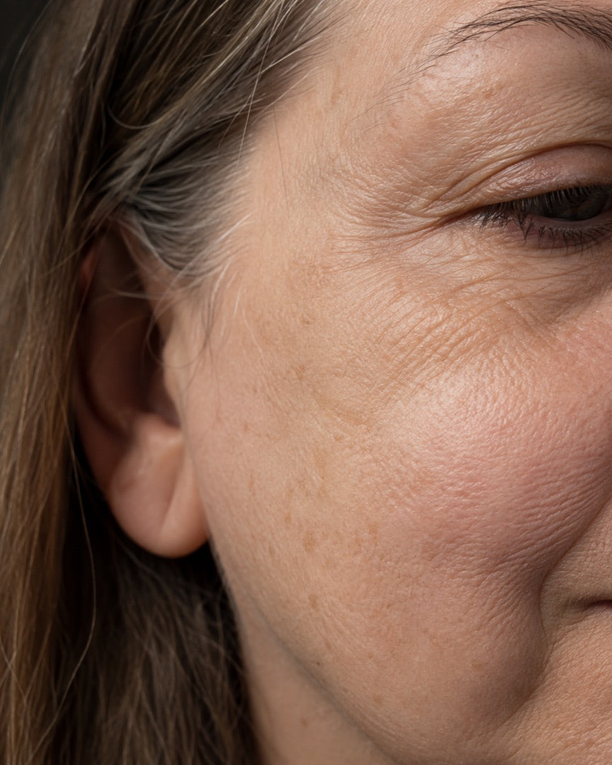 Dettaglio ravvicinato della guancia di una donna, luce naturale, nessun ritocco