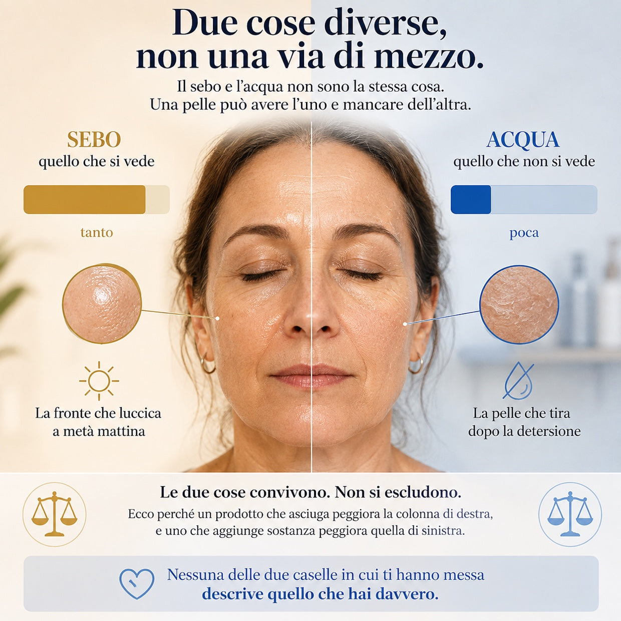 Schema: sul viso il sebo in eccesso e l'acqua che manca convivono